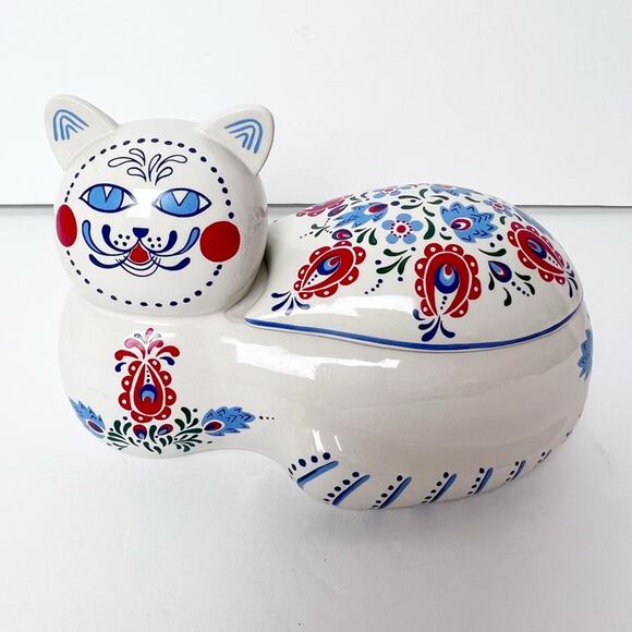 Vintage Orient Express Cat Blue & White Floral Ceramic Jewelry Box 5 x 9 - Picture 1 of 12